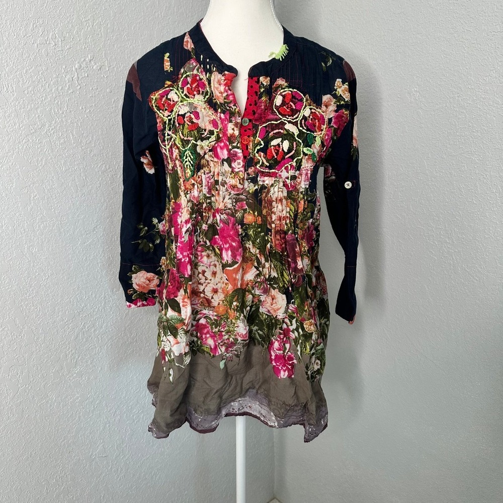 Antica Sartoria Tunic Top Floral Embroidered Details‎ Bohemian Blouse Womens S/M